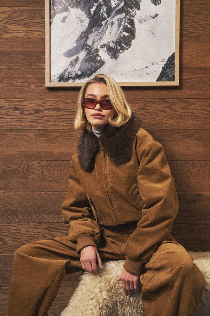 CORD FAUX FUR COLLAR BOMBER JACKET - TAN