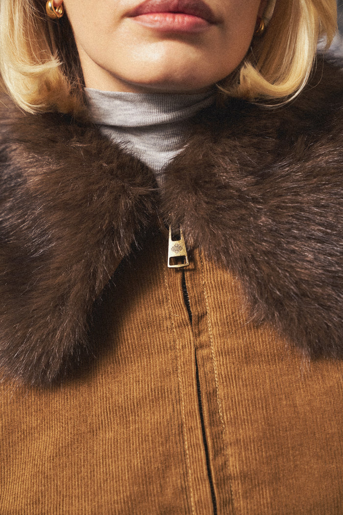 CORD FAUX FUR COLLAR BOMBER JACKET - TAN