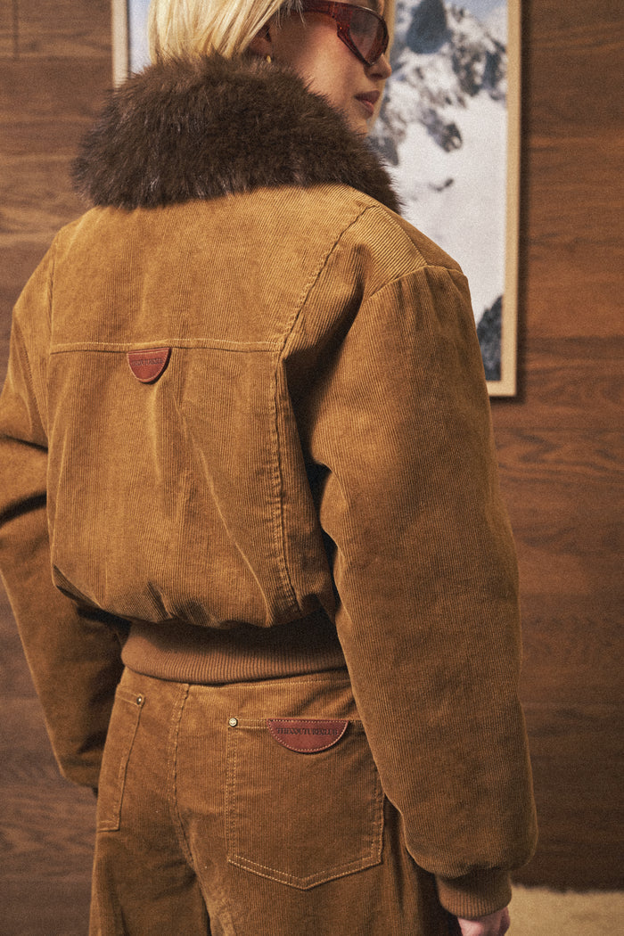 CORD FAUX FUR COLLAR BOMBER JACKET - TAN