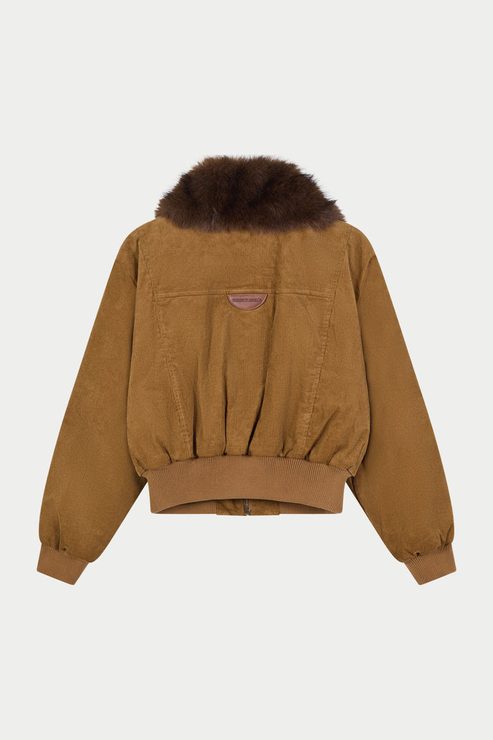 CORD FAUX FUR COLLAR BOMBER JACKET - TAN