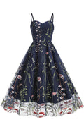 Dark Navy Floral Embroidery A-line Slip Vintage Dress
