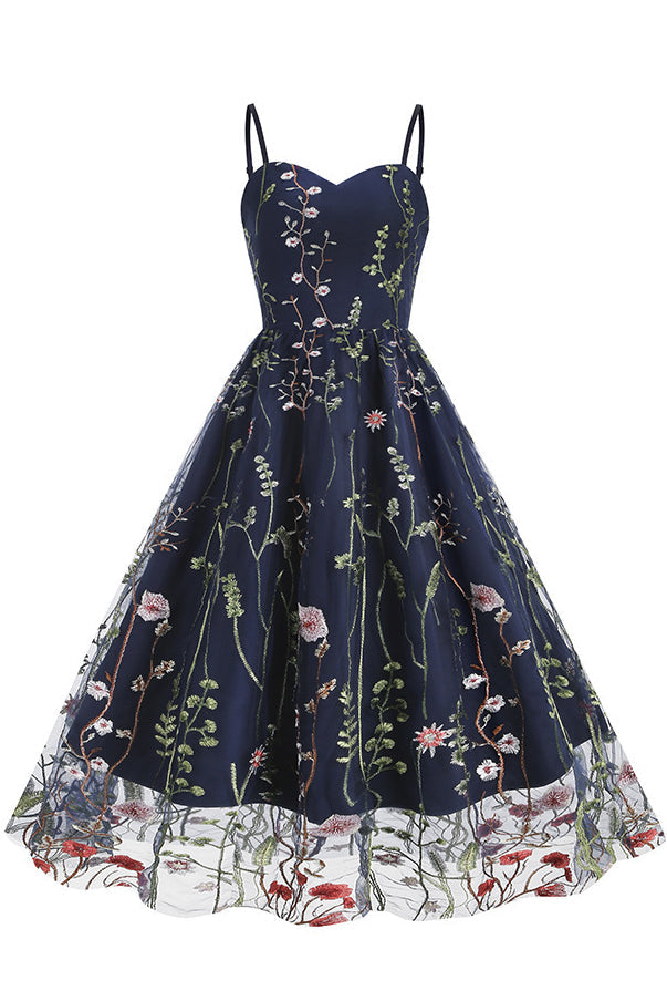 Dark Navy Floral Embroidery A-line Slip Vintage Dress