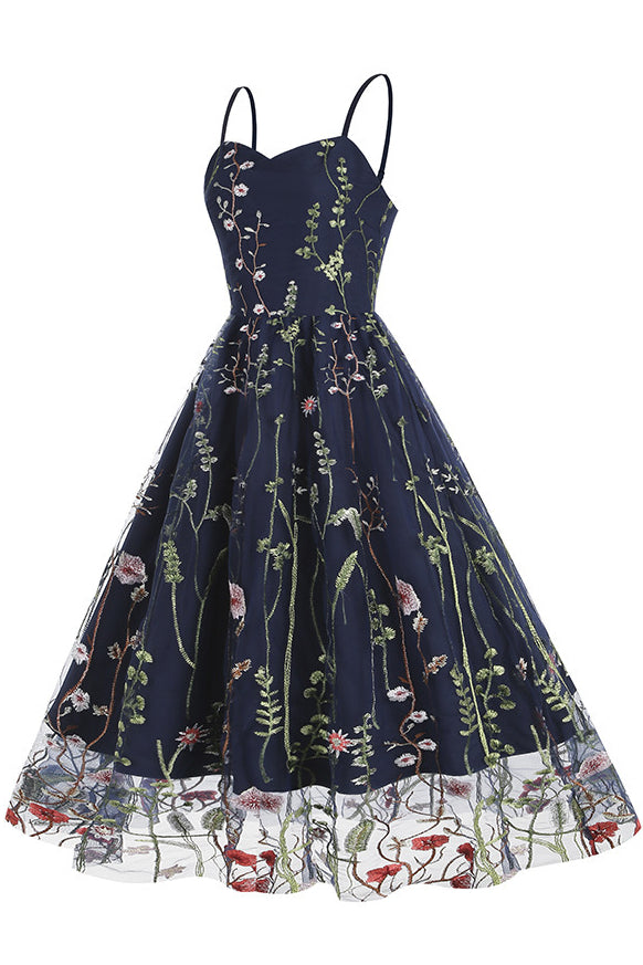 Dark Navy Floral Embroidery A-line Slip Vintage Dress
