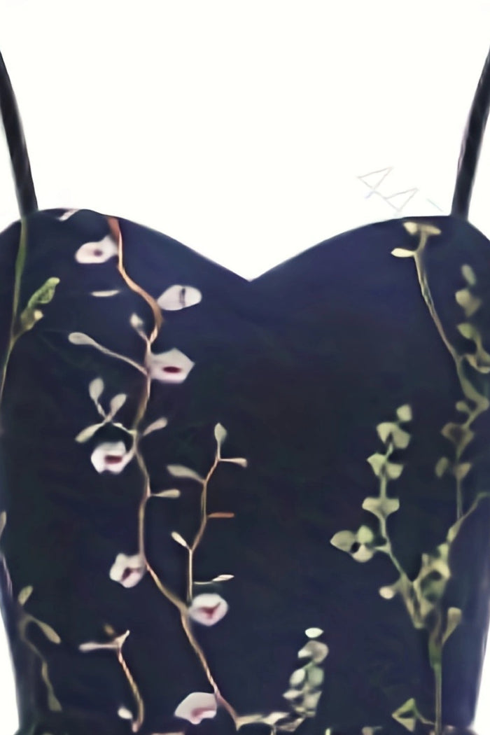 Dark Navy Floral Embroidery A-line Slip Vintage Dress