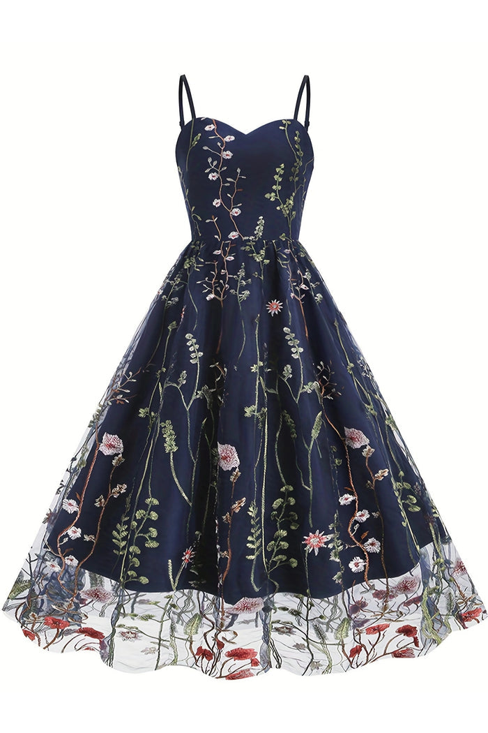 Dark Navy Floral Embroidery A-line Slip Vintage Dress
