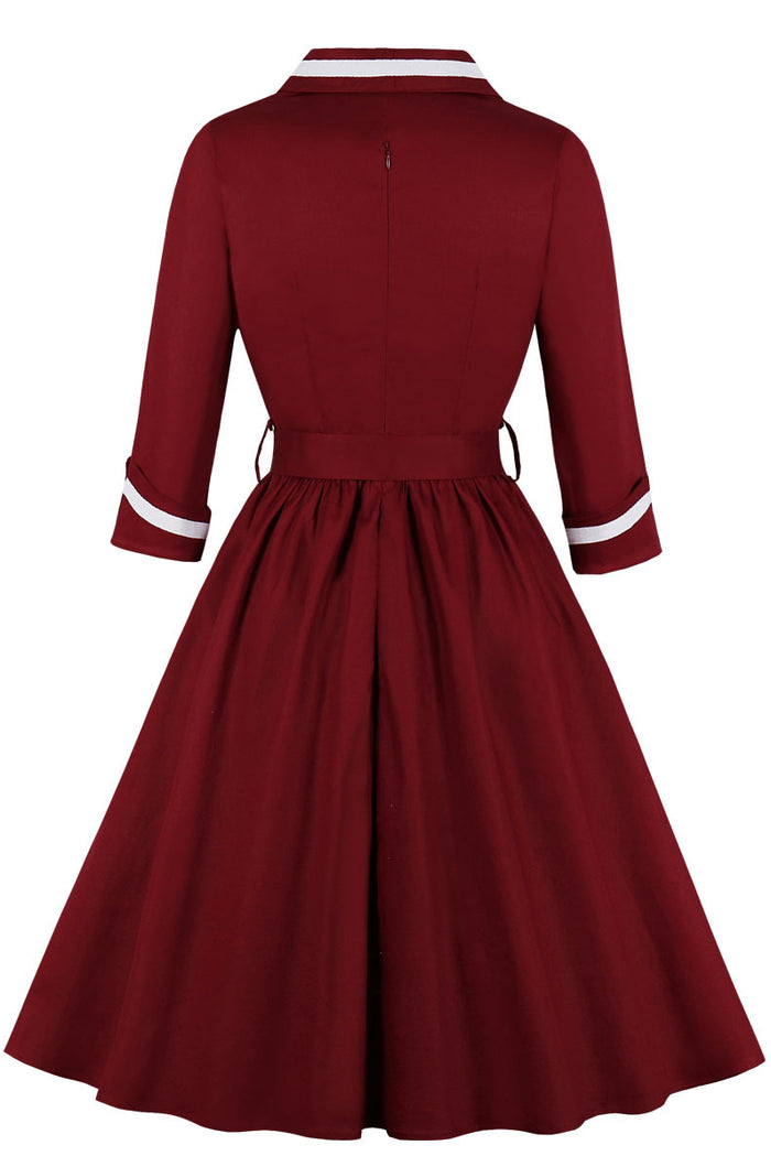 Wine Red Surplice Long Sleeves A-line Vintage Dress