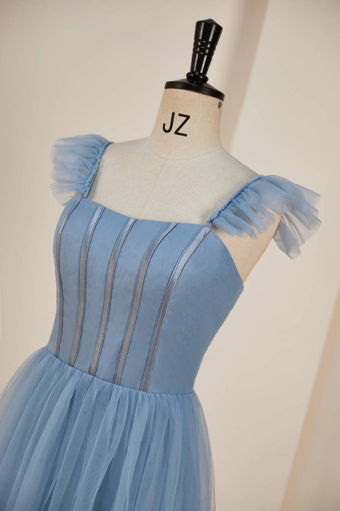 Dusty Blue Flutter Sleeves A-line Multi-Layers Long Prom Dress with Slit