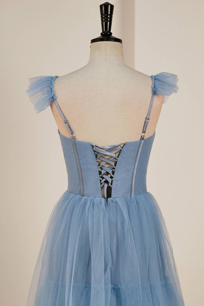 Dusty Blue Flutter Sleeves A-line Multi-Layers Long Prom Dress with Slit