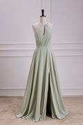 Dusty Sage Keyhole A-line Halter Long Bridesmaid Dress with Slit