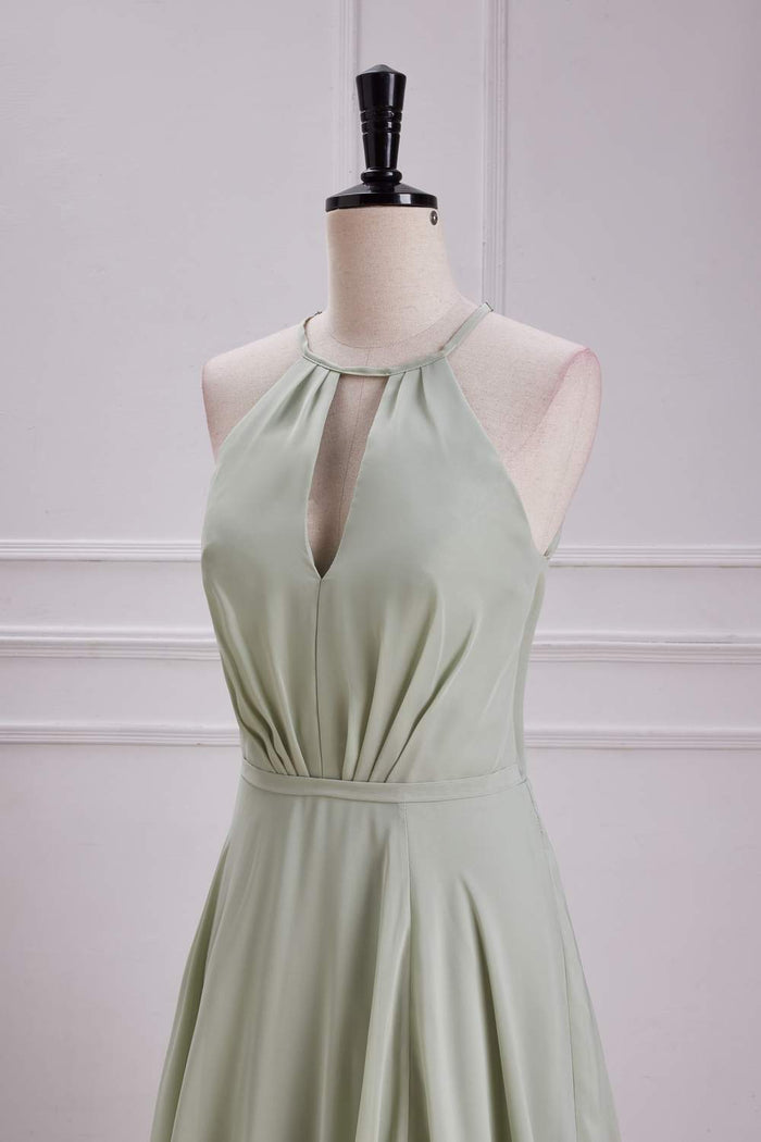 Dusty Sage Keyhole A-line Halter Long Bridesmaid Dress with Slit