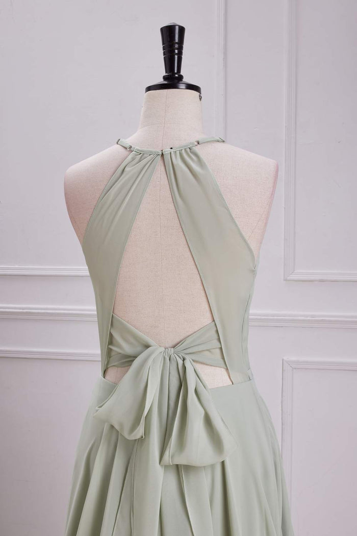 Dusty Sage Keyhole A-line Halter Long Bridesmaid Dress with Slit