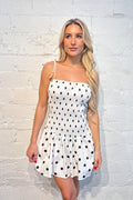 Evie Polka Dot Mini Dress, Polka Dot Dress, Polka Dot Mini Dress, Spring and Summer Dresses, White Dress, Adeline Boutique, Dallas Boutique, Women's Dresses