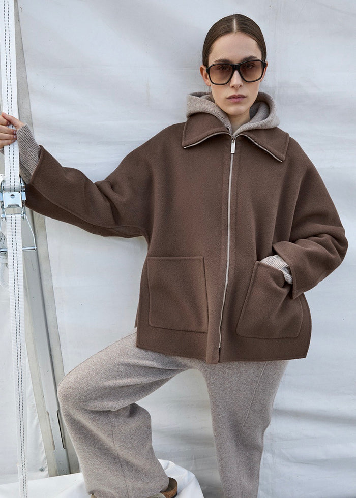 Extra Wool Zip-up Half Coat (Brown)