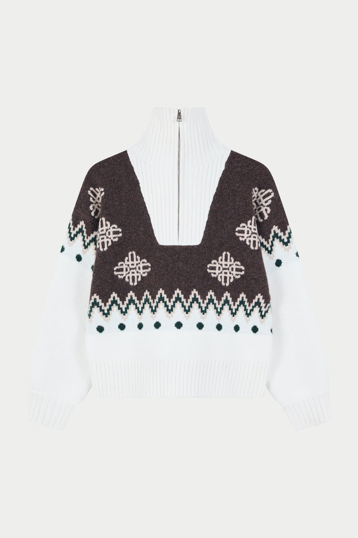 FAIR ISLE FUNNEL NECK QUARTER ZIP - BEIGE