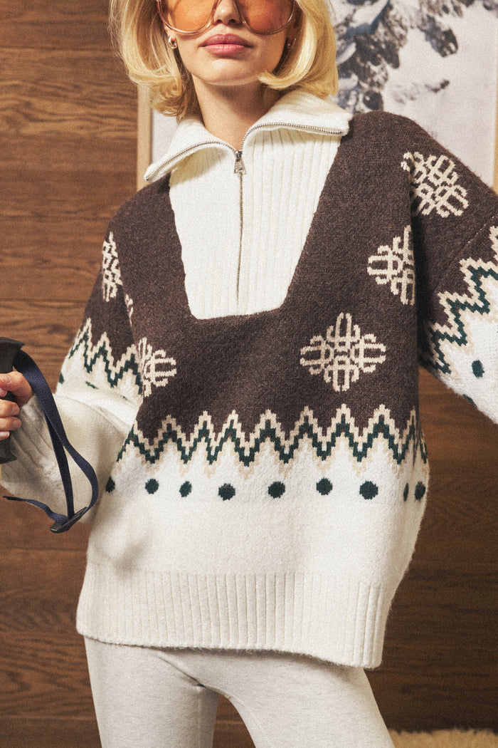 FAIR ISLE FUNNEL NECK QUARTER ZIP - BEIGE