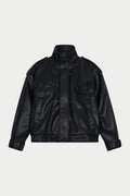 FAUX LEATHER FUNNEL NECK JACKET - BLACK