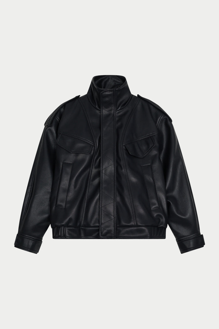 FAUX LEATHER FUNNEL NECK JACKET - BLACK