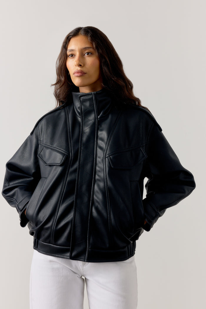 FAUX LEATHER FUNNEL NECK JACKET - BLACK