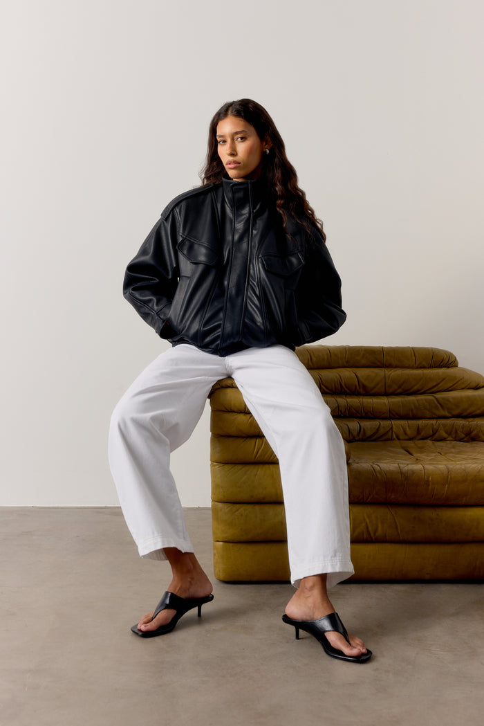 FAUX LEATHER FUNNEL NECK JACKET - BLACK