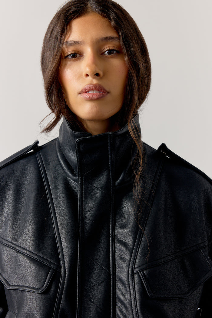 FAUX LEATHER FUNNEL NECK JACKET - BLACK
