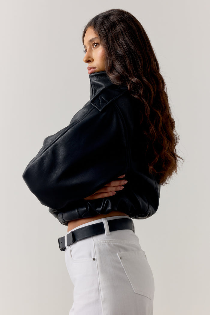 FAUX LEATHER FUNNEL NECK JACKET - BLACK