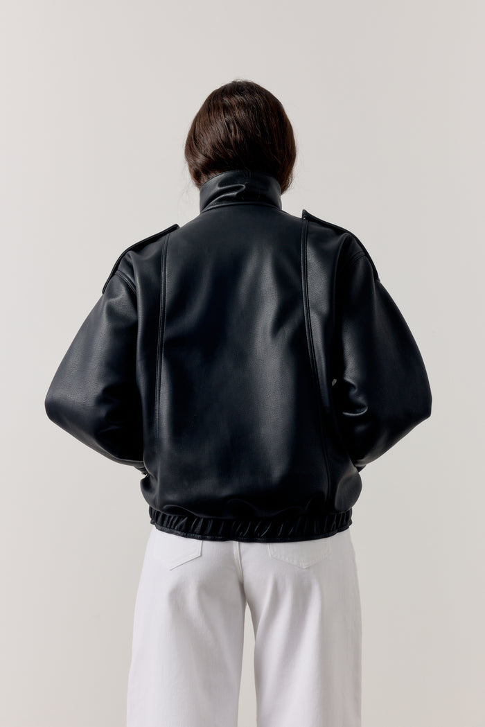 FAUX LEATHER FUNNEL NECK JACKET - BLACK