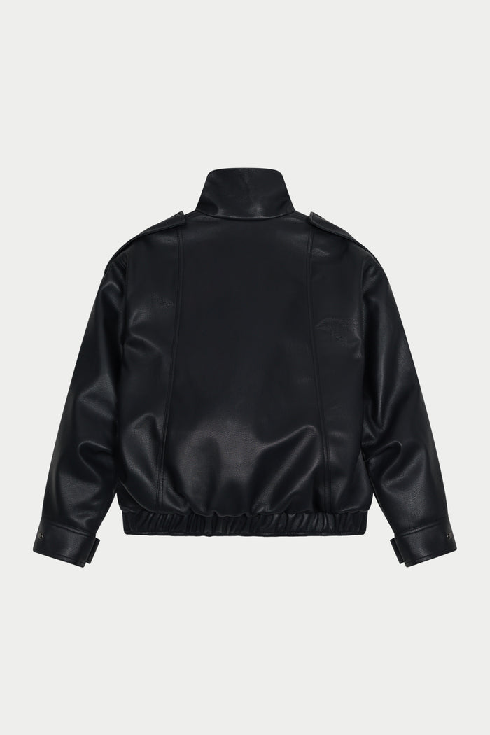 FAUX LEATHER FUNNEL NECK JACKET - BLACK