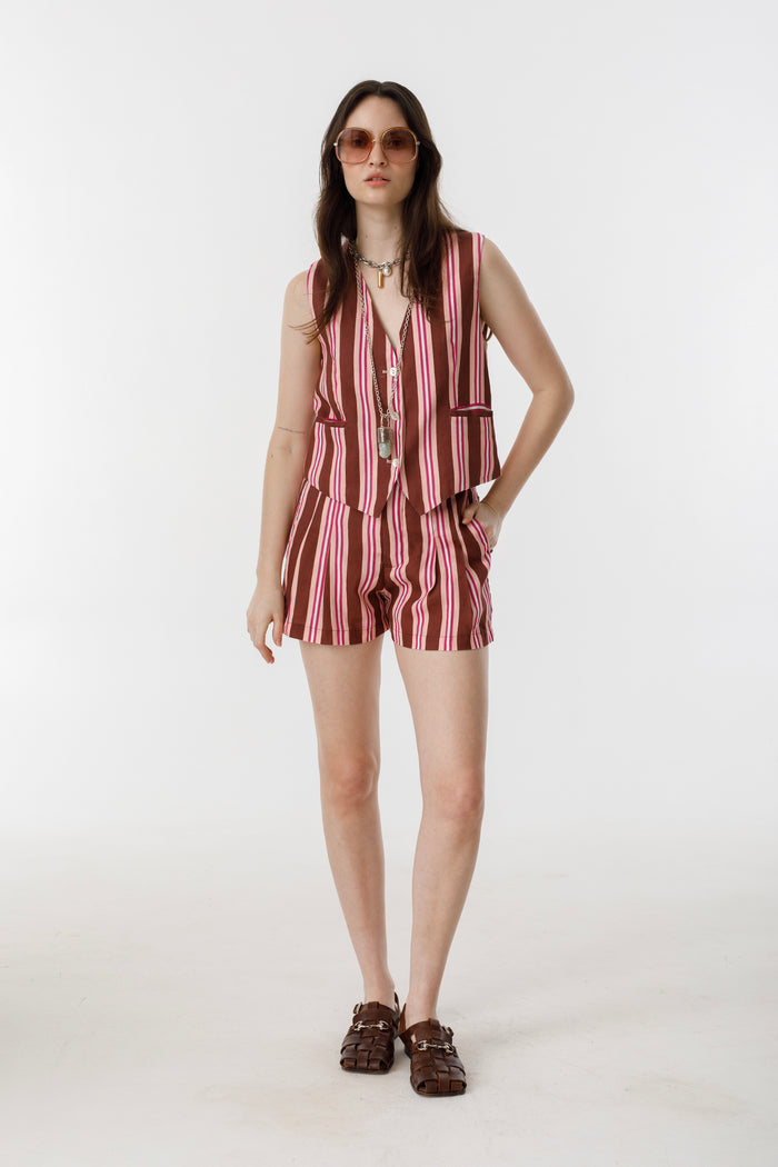 Frida Linen Shorts - Bordeaux Ivy Stripes
