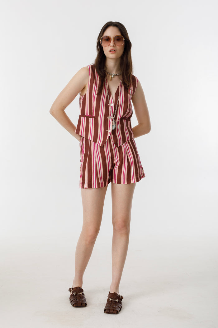 Frida Linen Shorts - Bordeaux Ivy Stripes