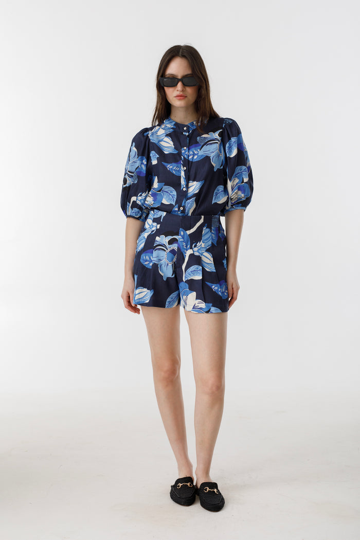 Frida Linen Shorts - Navy Hibiscus Print