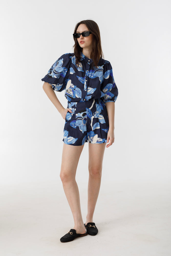 Frida Linen Shorts - Navy Hibiscus Print