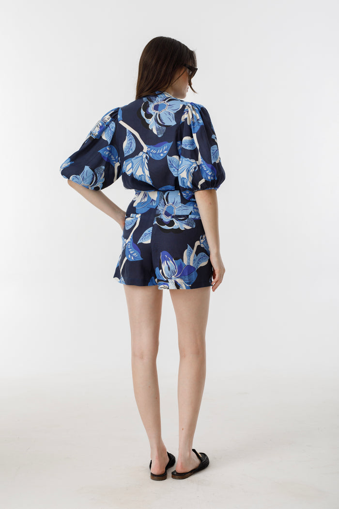 Frida Linen Shorts - Navy Hibiscus Print