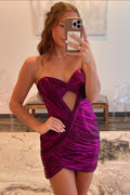 Fuchsia Metallic Tight Party Dress with Keyhole