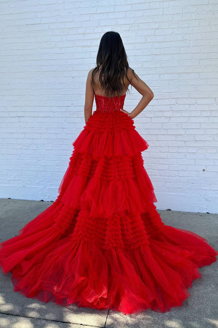 Fuchsia Multi-Layers Strapless Appliques A-line Tulle Long Prom Dress