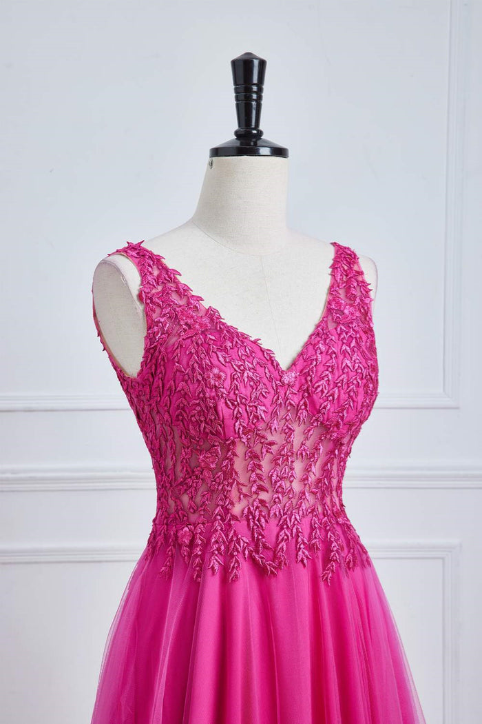 Fuchsia Plunging V Appliques A-line Long Prom Dress