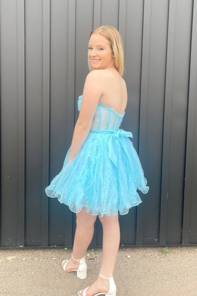 Fuchsia Strapless Tulle Ruffles A-line Homecoming Dress