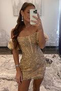 Gold Strapless Appliques Sheath Homecoming Dress with Detachable Sleeves