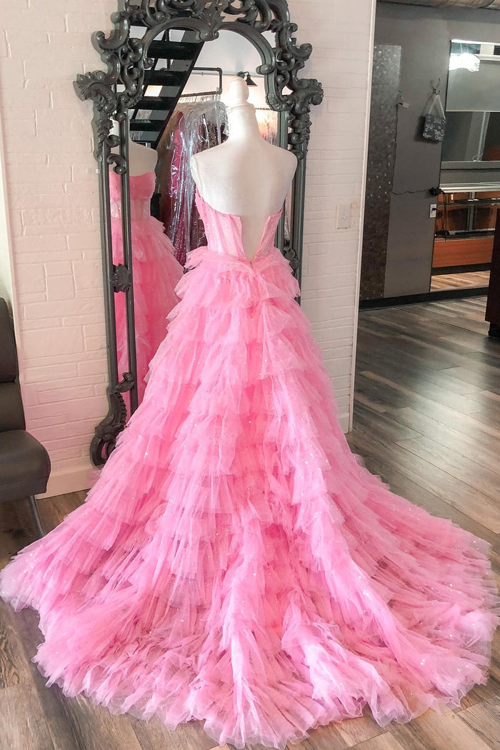 Gold Strapless Sequined A-line Multi-Layers Long Prom Dress