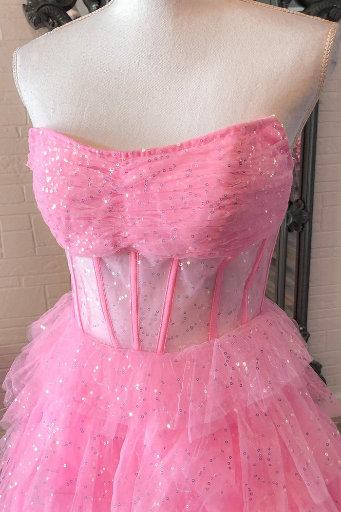 Gold Strapless Sequined A-line Multi-Layers Long Prom Dress