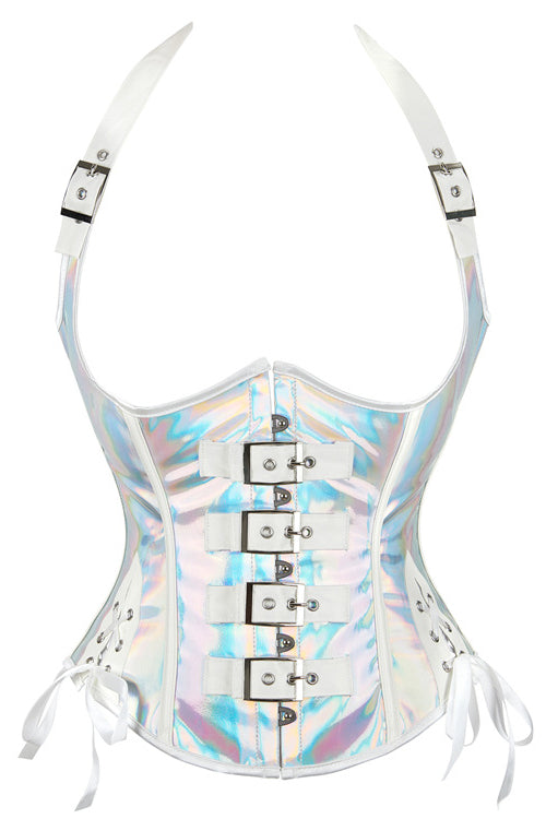 Gothic Silver Halter Leather Lace-Up Bustier Corset Top