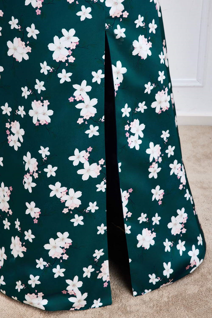 Green Floral A-line Satin Long Bridesmaid Dress with Slit