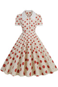 Herbene Apricot Shirt Collar A-line Dress with Red Dot