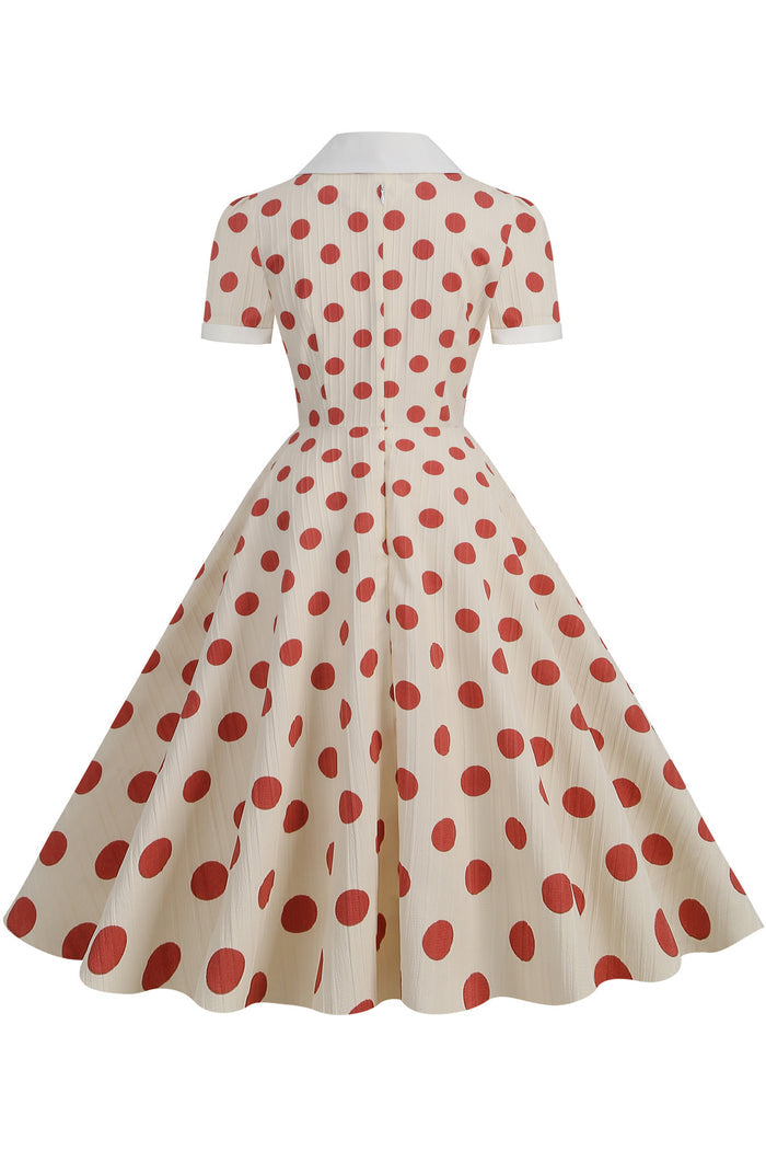 Herbene Apricot Shirt Collar A-line Dress with Red Dot