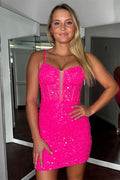 Hot Pink Lace-Up Sequins Sheath Homecoming Dress