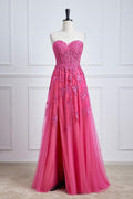Hot Pink Strapless Appliques A-line Long Prom Dress with Slit