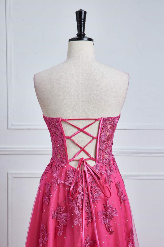 Hot Pink Strapless Appliques A-line Long Prom Dress with Slit