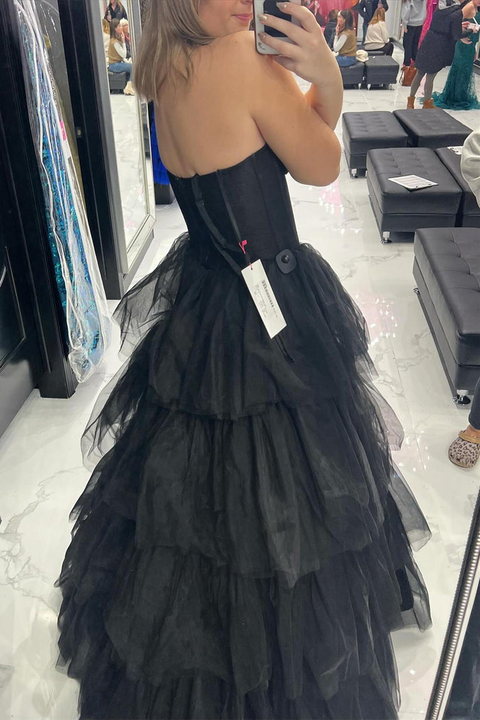 Hot Pink Strapless Layers Tulle A-line Long Prom Dress