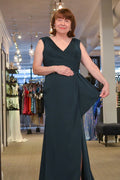 Hunter Green V Neck Faux-Wrapped Mermaid Long Mother of Bride Dress