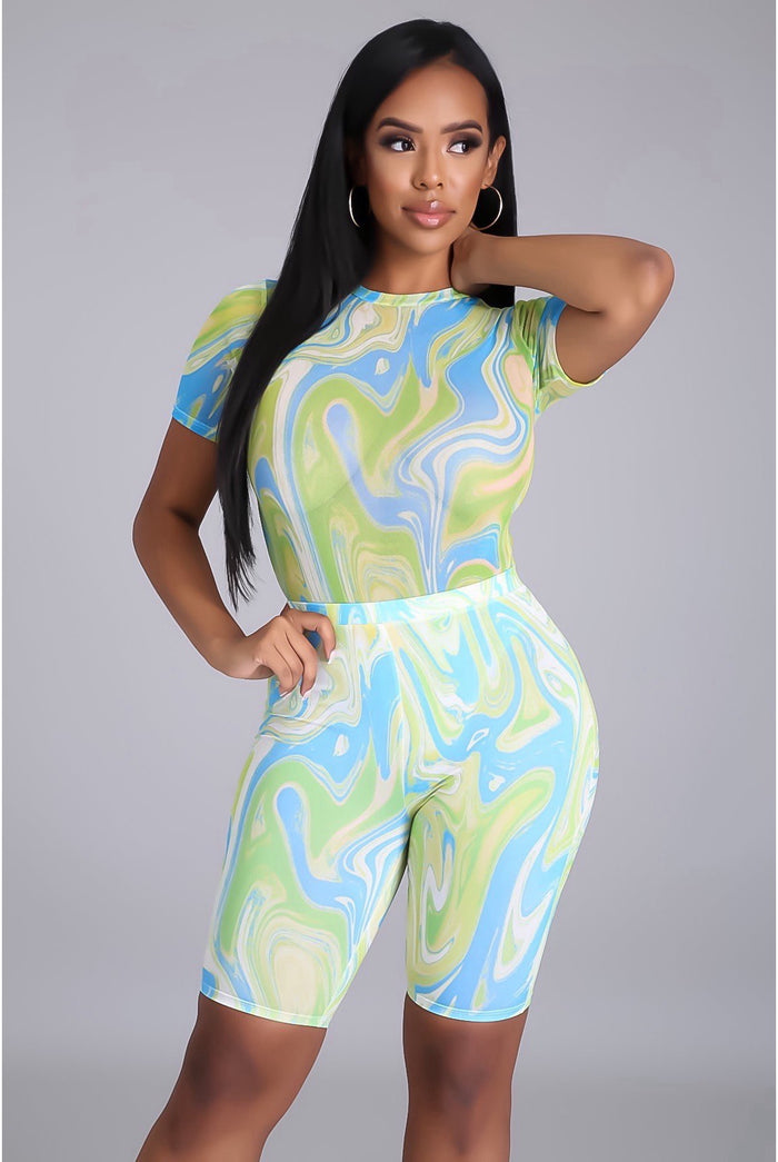 Im Gonna Pull Up.....Printed Mesh Bodysuit Biker Set