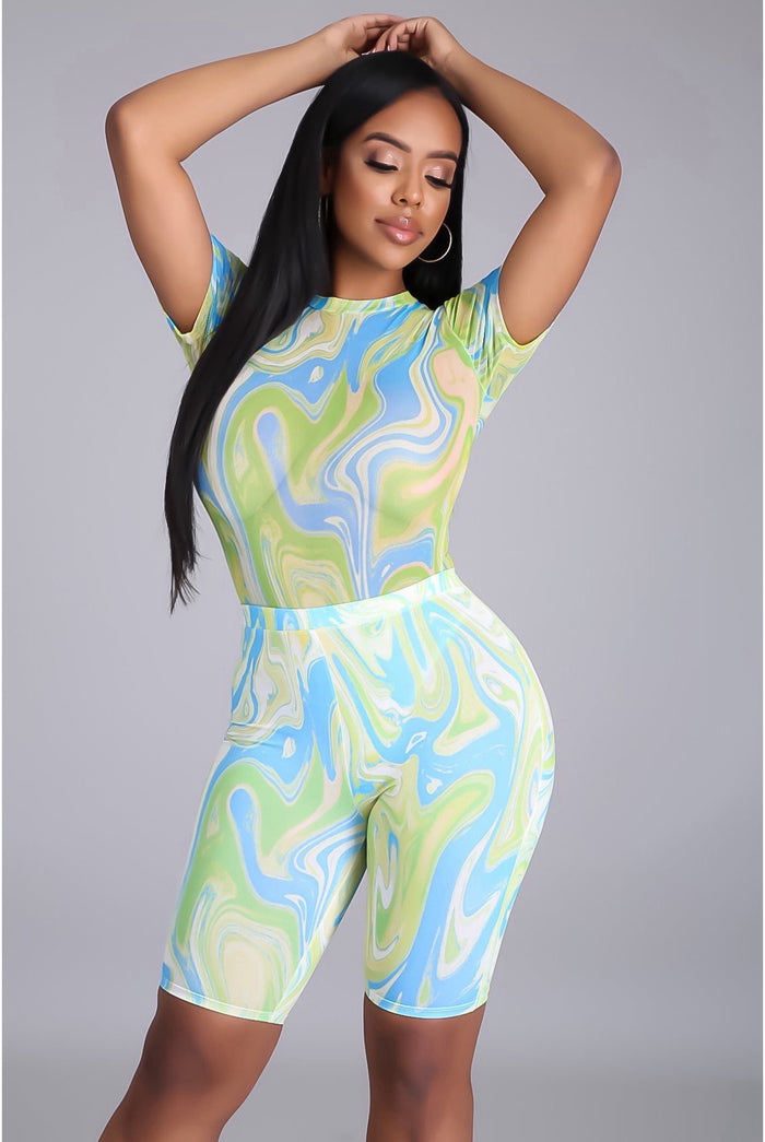 Im Gonna Pull Up.....Printed Mesh Bodysuit Biker Set